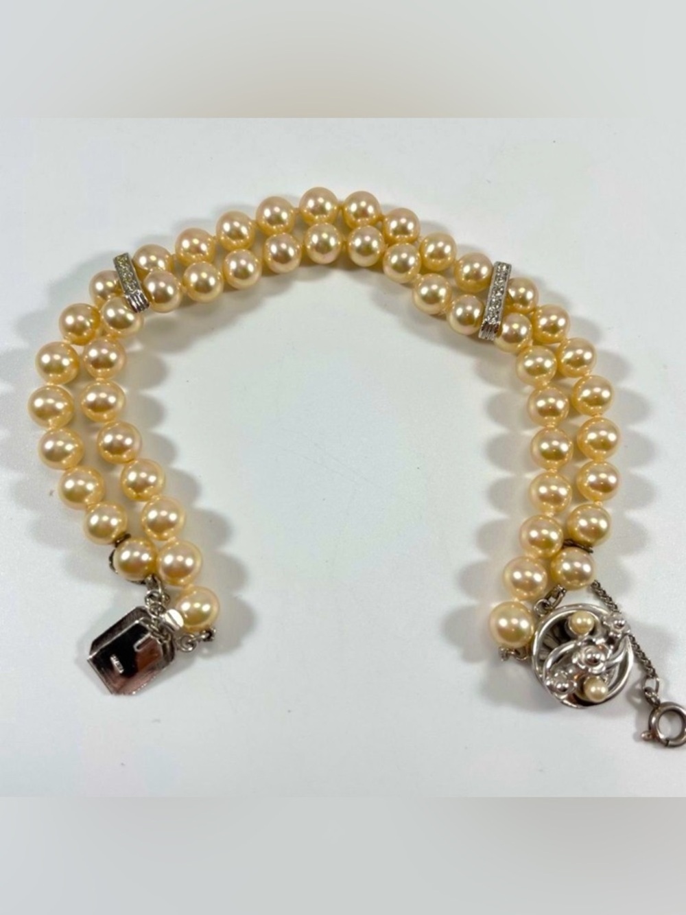 Vintage 925 Sterling Silver Glass Pearls Bridal Elegant Bracelet Rhinestones